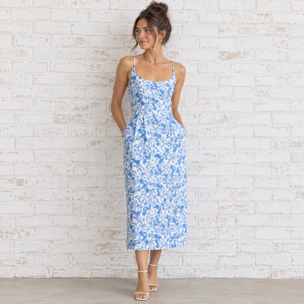 Quince 100% European Linen Scoop Neck Midi Dress Women’s Size XL Floral Coastal